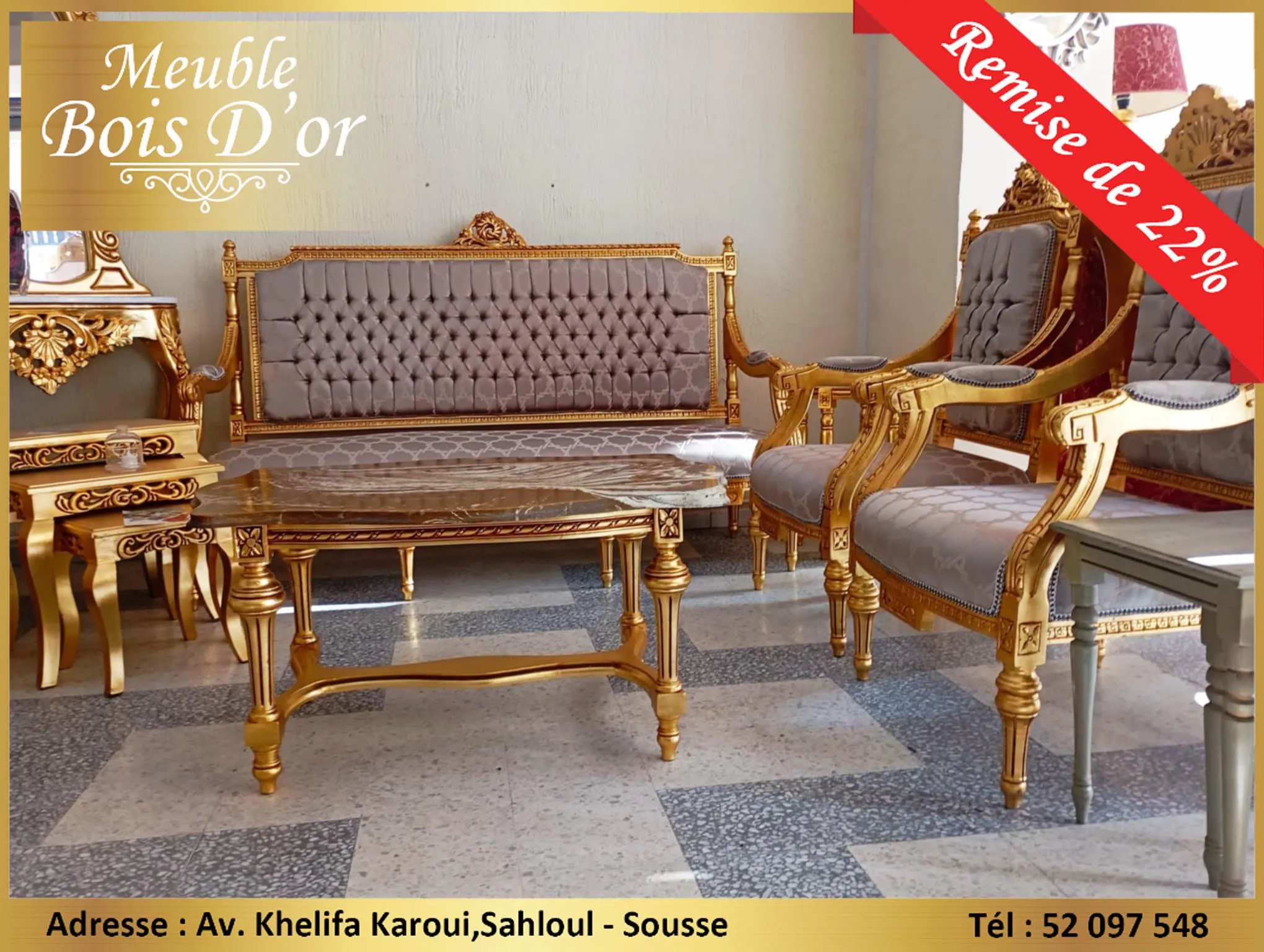  Grand Salon Louis 16 Style Carré Bois Blenz en feuilles D'or en PROMOTION 