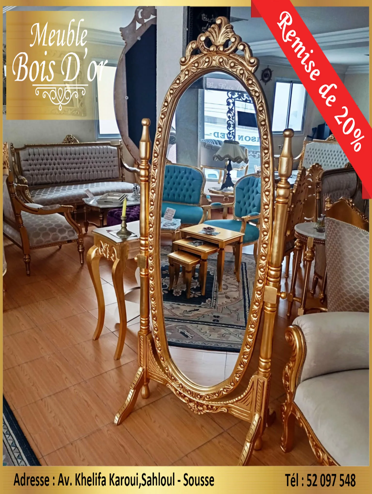  Grand Miroir Basculant Style Baroque en Feuilles D'or en PROMOTION. 