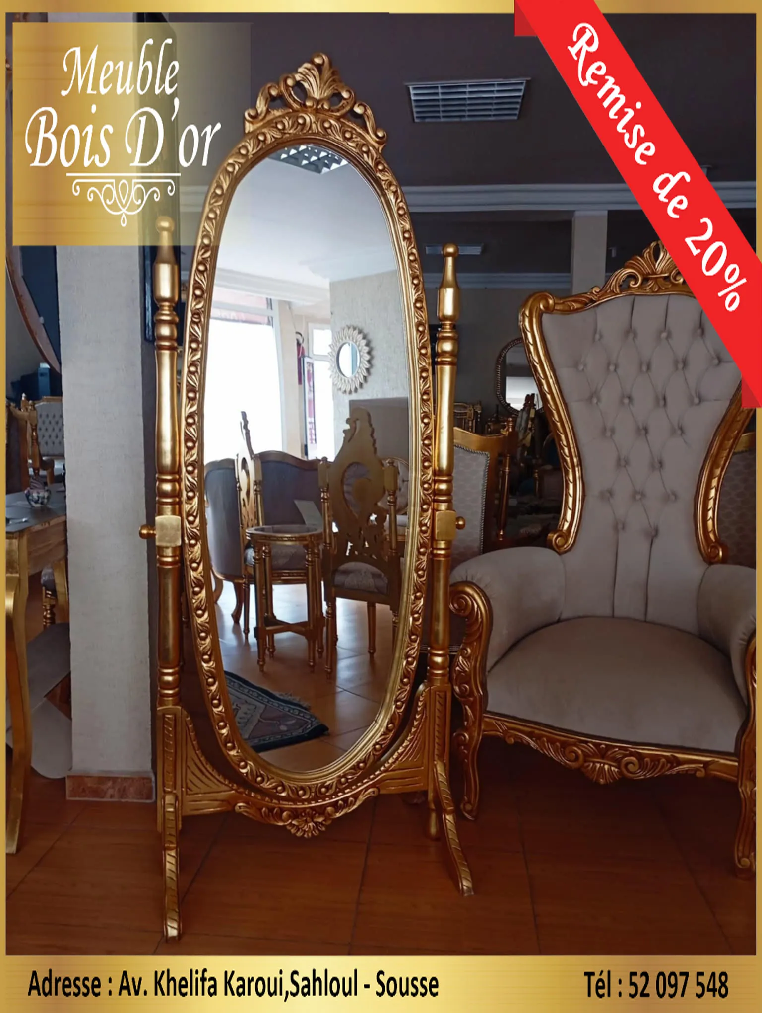  Grand Miroir Basculant Style Baroque en Feuilles D'or en PROMOTION. 