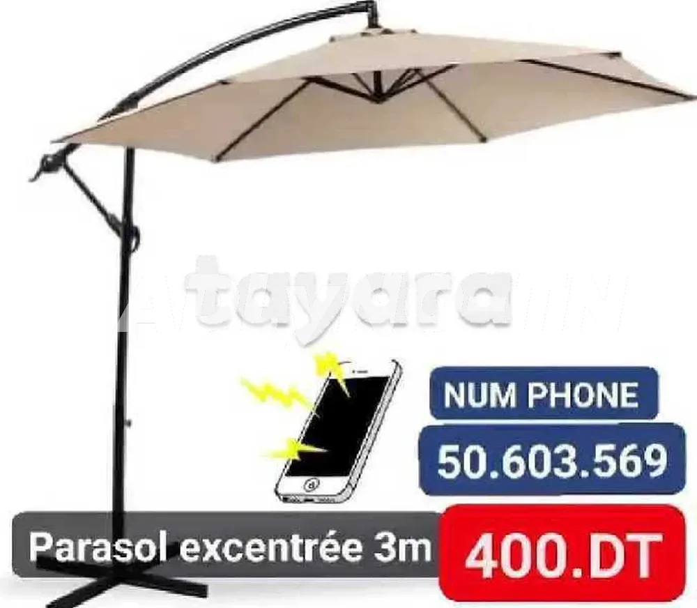 Parasol aluminium importé cachte 3m h 240 excentré jardin piscine café